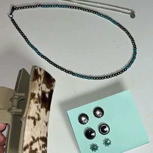 Turquoise and Silver Necklaces with Earrings & Cowhide hair clip